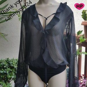 BCBG Sheer📁 dots ruffle Bodysuit top black NWT